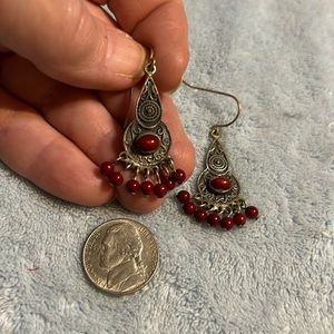Silver Tone Dangly Earrings with Dark Red Beads